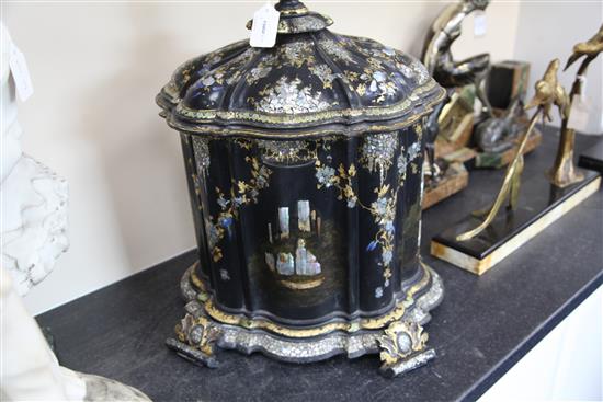 A Victorian papier mache combined jewellery and needlework casket, 17in. height 22in.